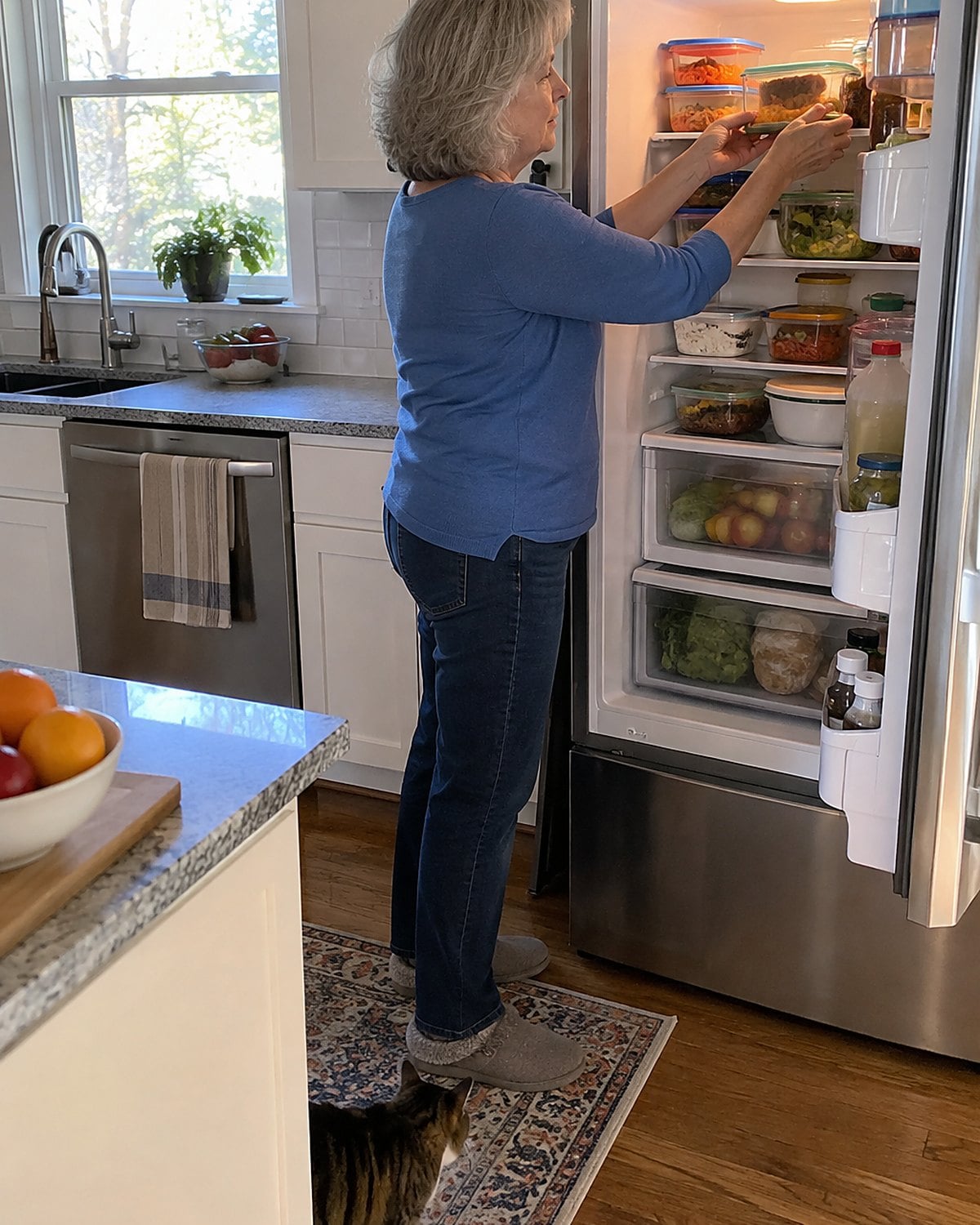 Hands fit shallow leftover containers onto a crowded refrigerator shelf.