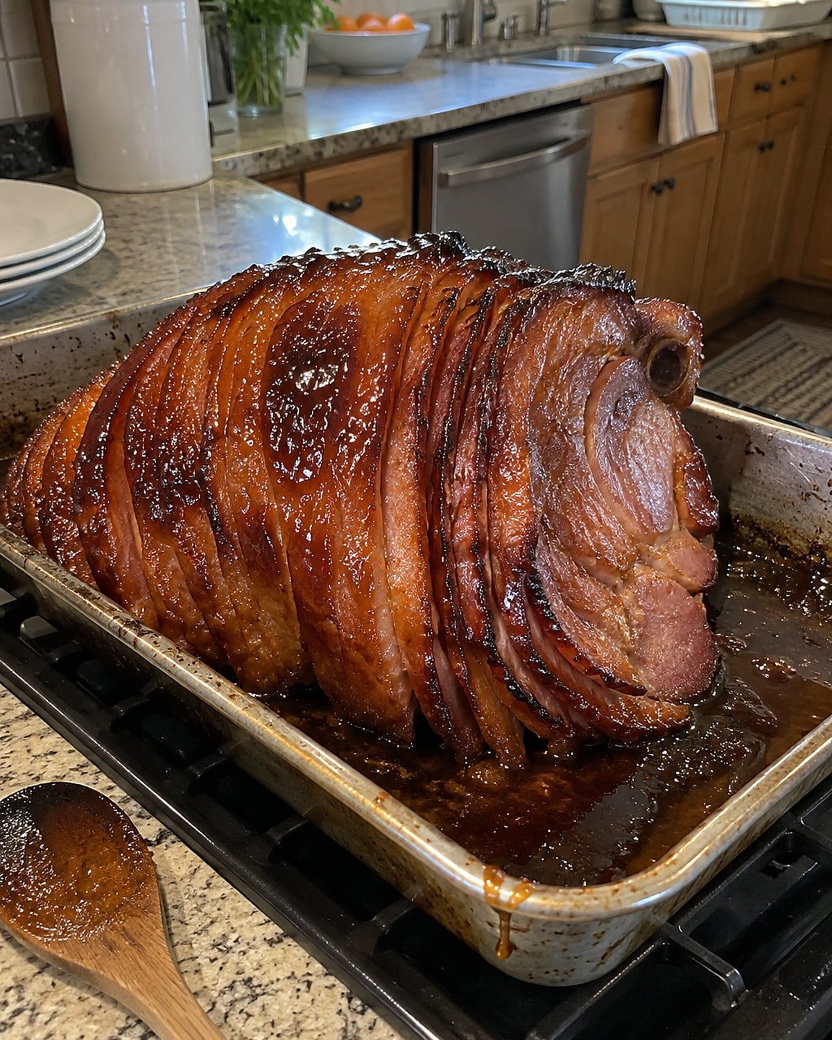 A glazed ham rests in a sticky roasting pan on the stove.