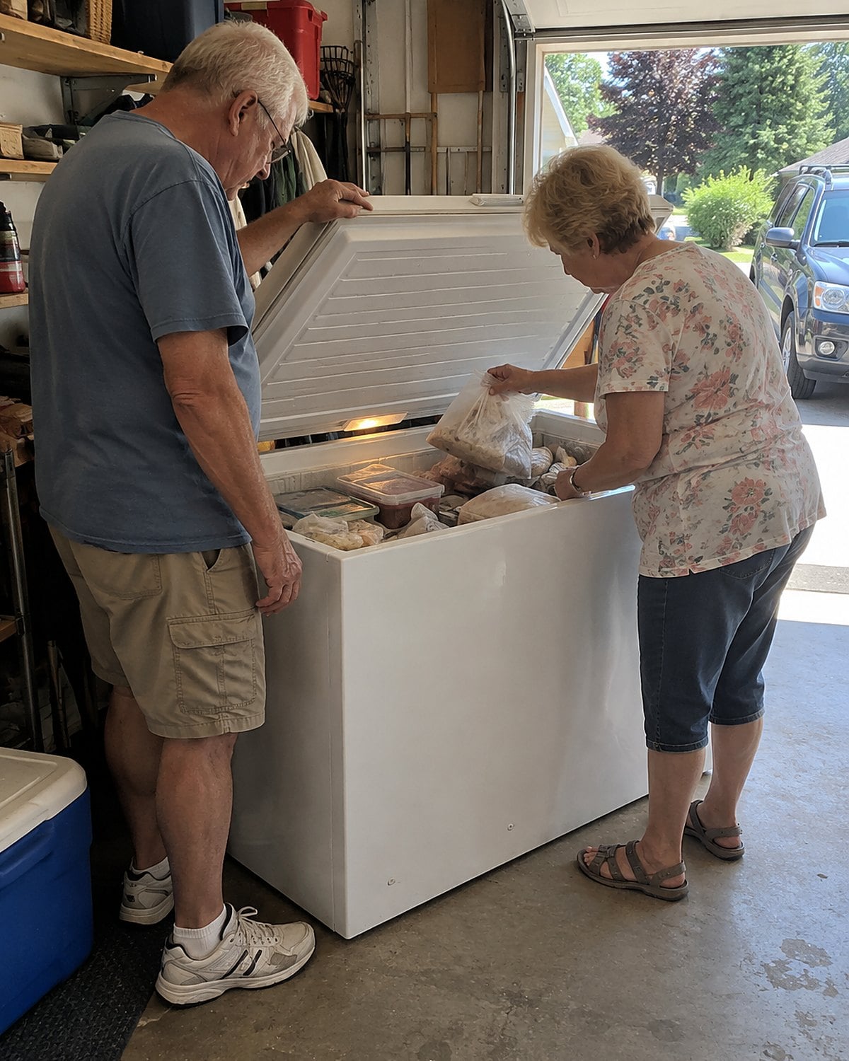 A couple in their sixties stands at a chest freezer in the garage around noon, one holding the lid while the other lifts an unmarked freezer bag.