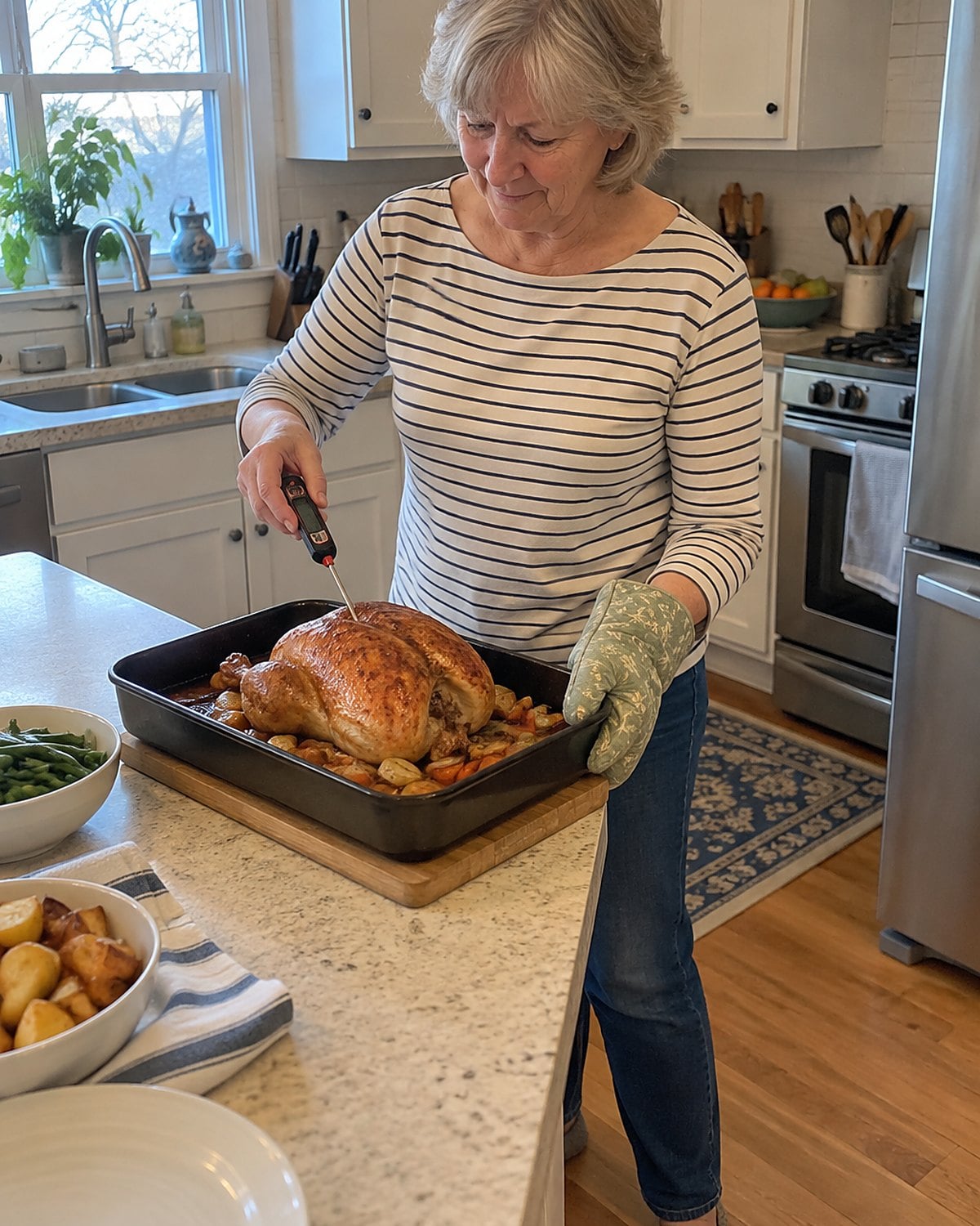 A hand inserts a food thermometer into the thickest part of a roast chicken on a kitchen counter.