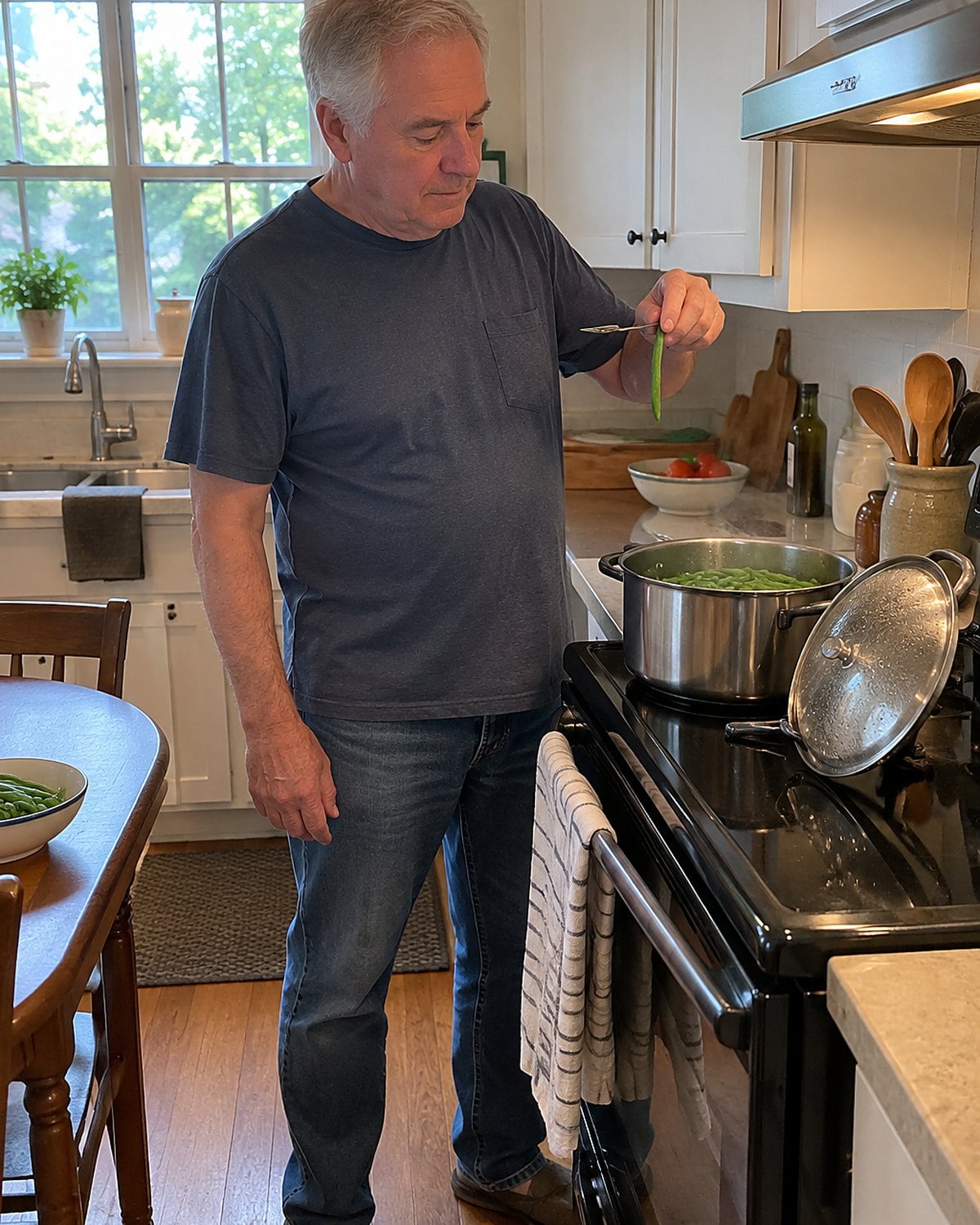 A hand lifts a green bean from a dented pot, with its lid propped beside the burner.