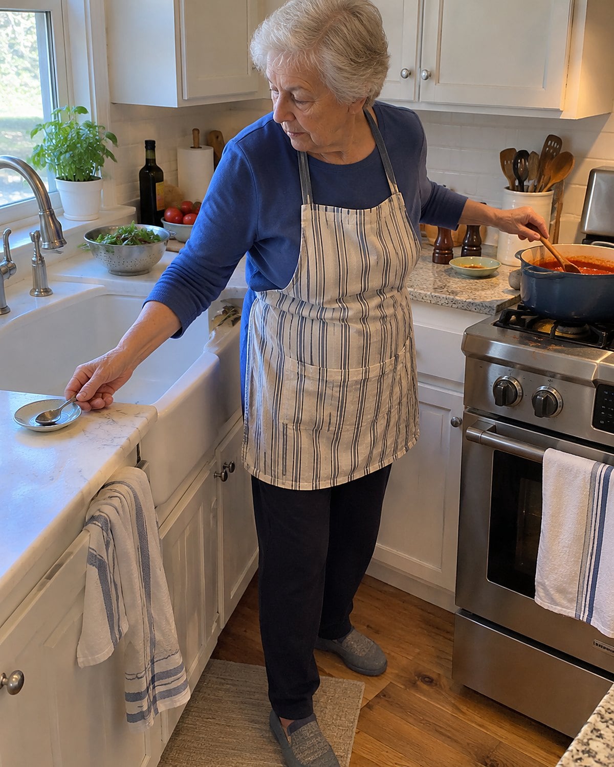 A hand sets a used tasting spoon beside the sink while a sauce pot simmers on the stove.