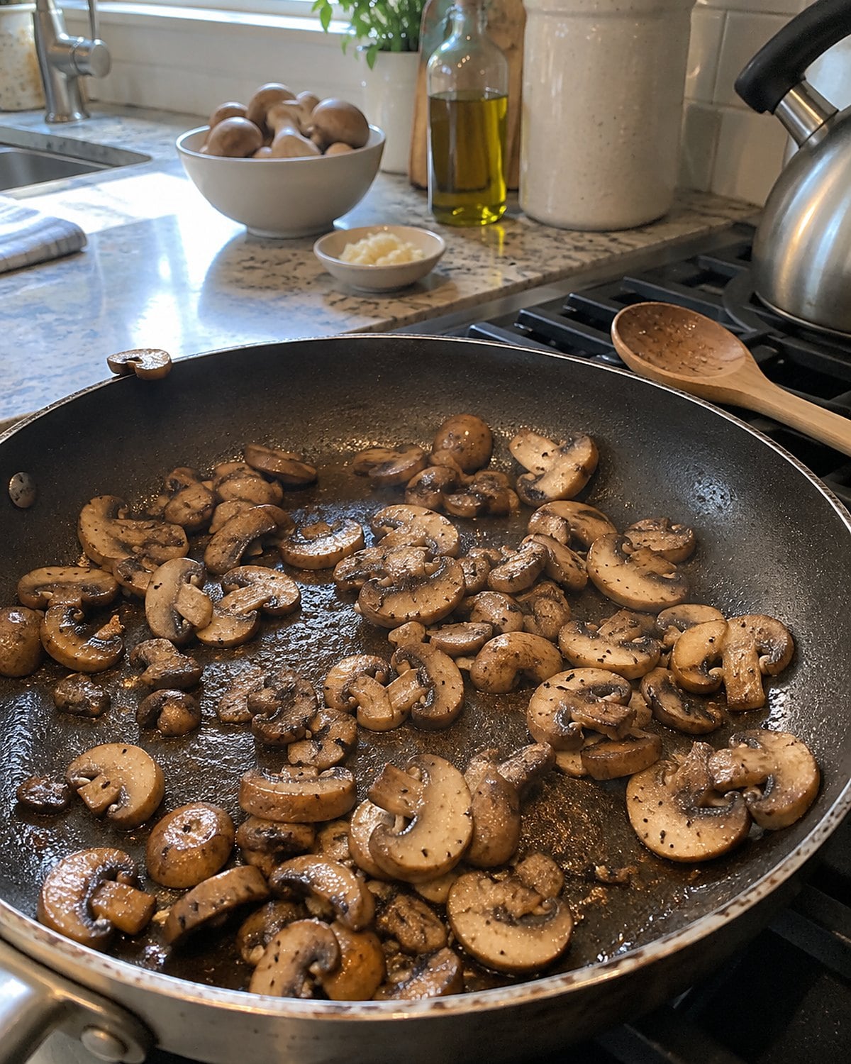 Sliced mushrooms brown in a wide skillet with bare patches of pan between them.