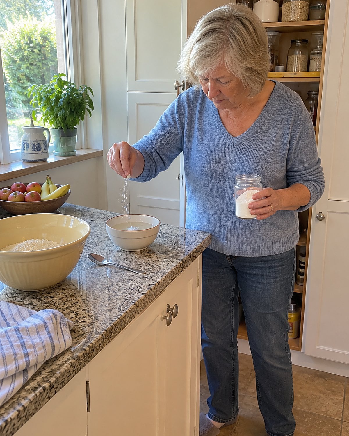 A pinch of baking powder bubbles in a small bowl of hot water beside an open pantry cupboard.