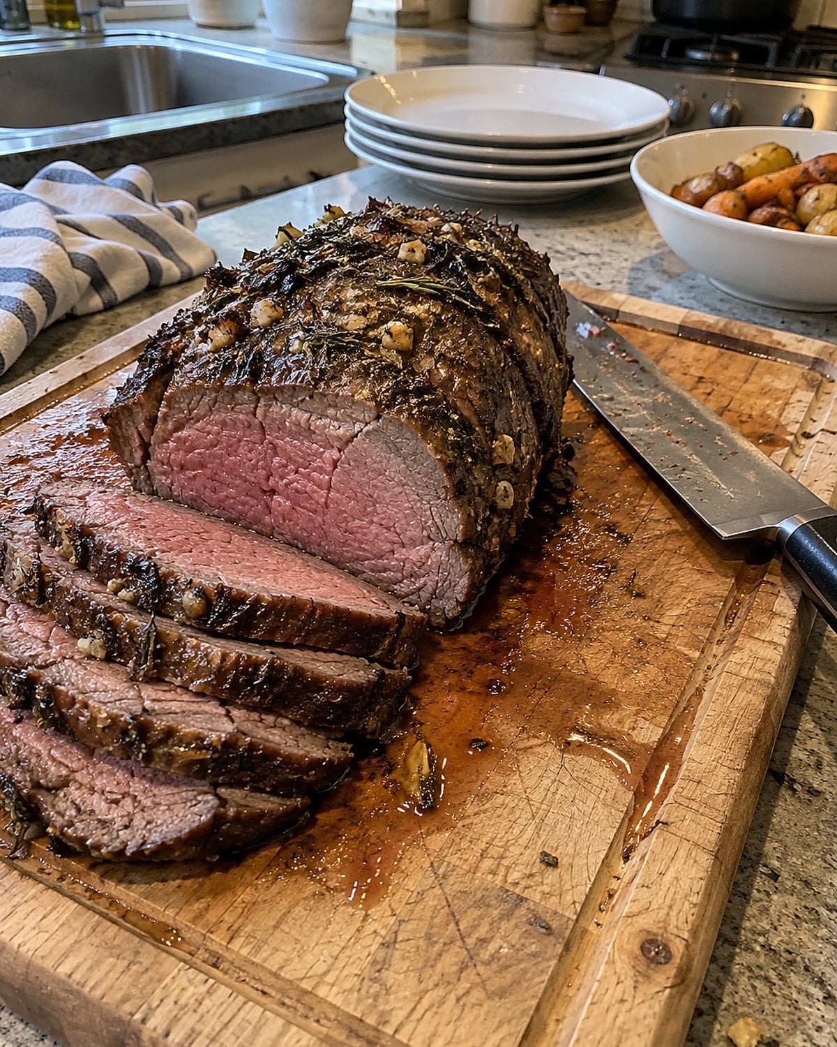 A roast rests on a worn cutting board with a carving knife set beside it.