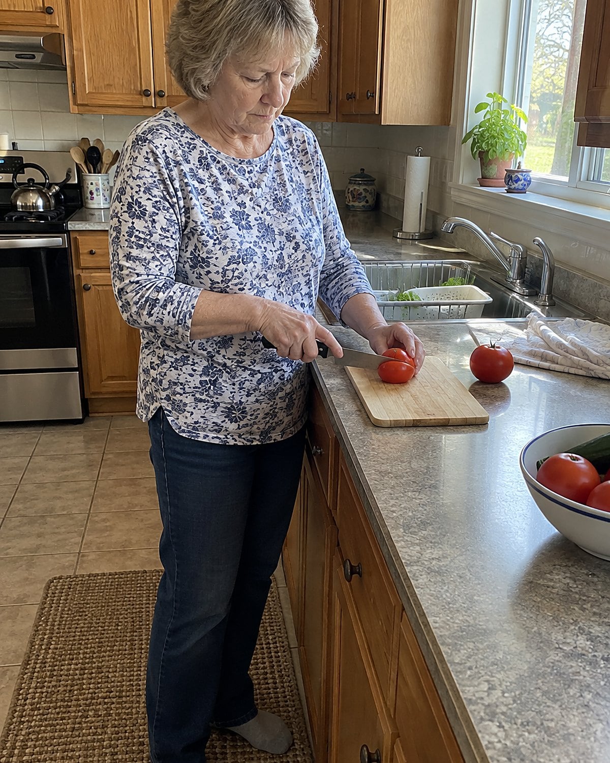 A hand steadies a tomato on a cutting board while a kitchen knife presses against its skin.