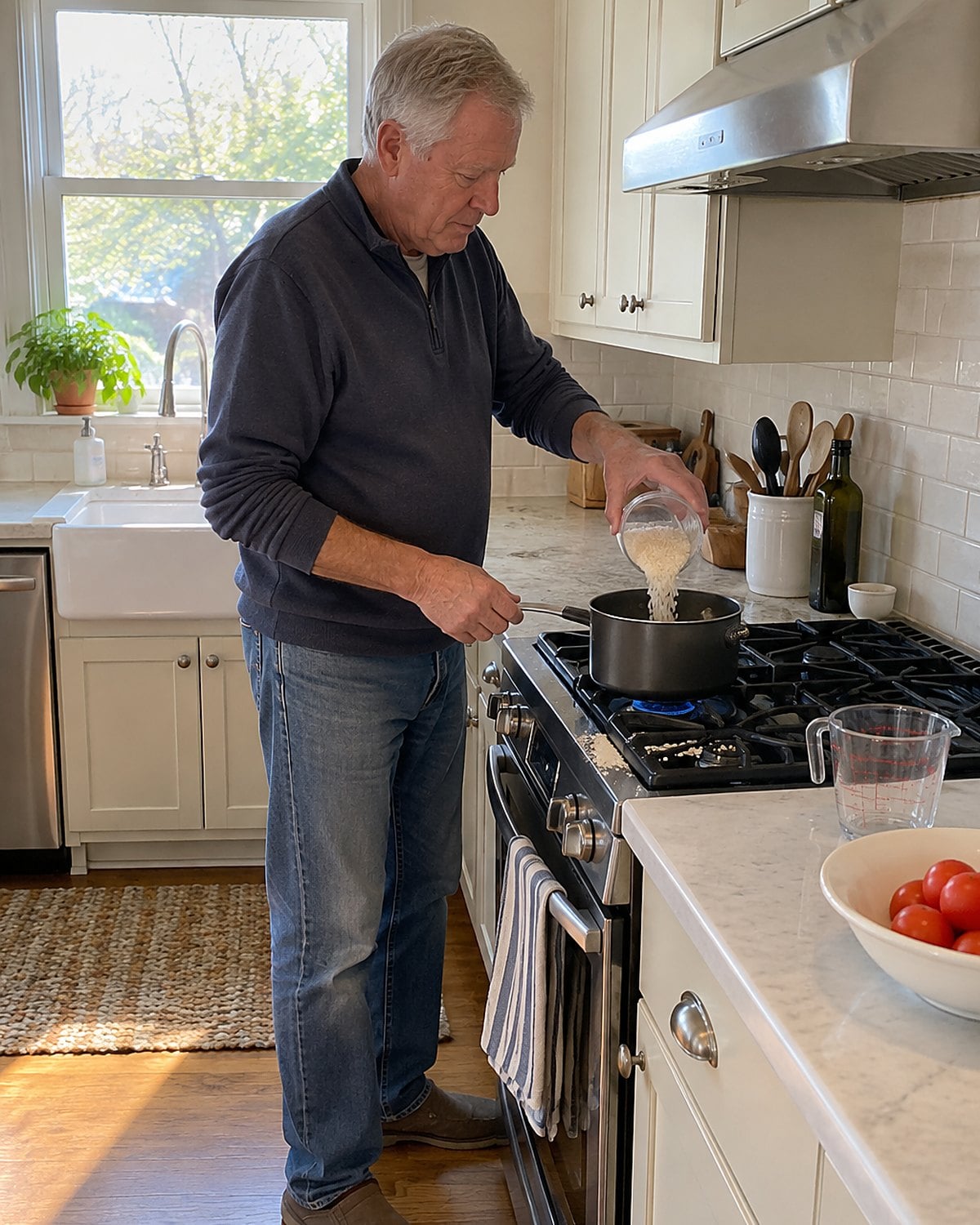 A hand tips rice into a small pot while a measuring cup rests on the counter.