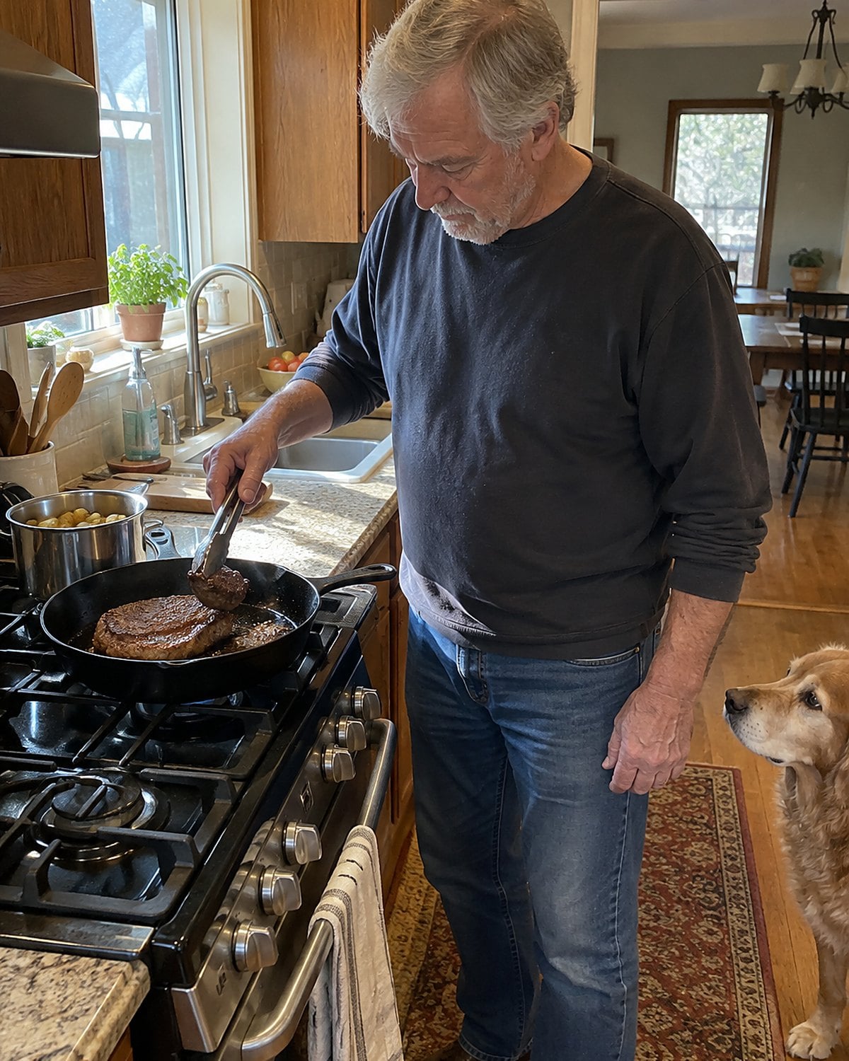 Tongs lift the edge of a steak that still clings to a cast-iron skillet.