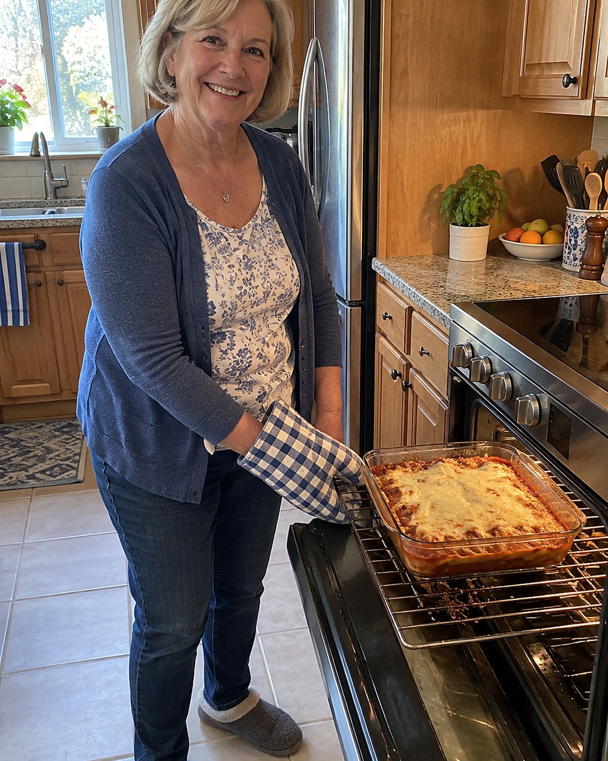A casserole dish sits on an oven rack with browned cheese at its edges and a hand holding an oven mitt nearby.