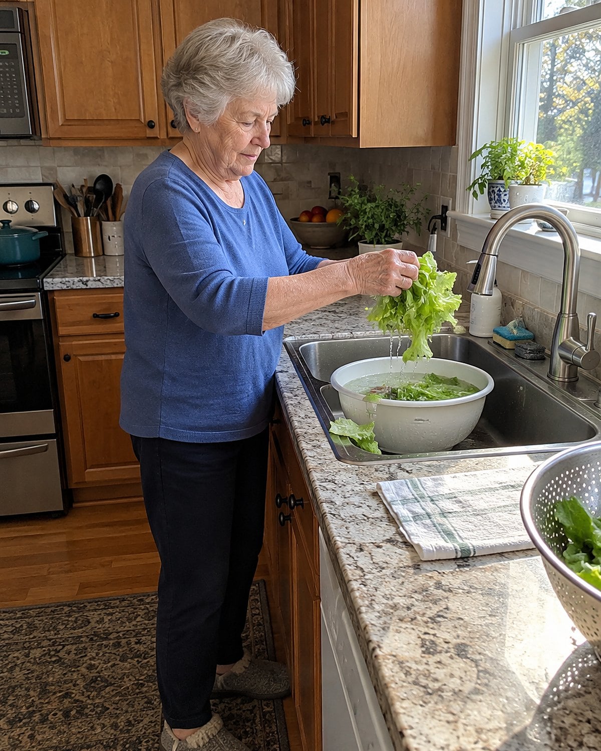Hands lift wet lettuce from a bowl, leaving grit visible at the bottom of the sink.