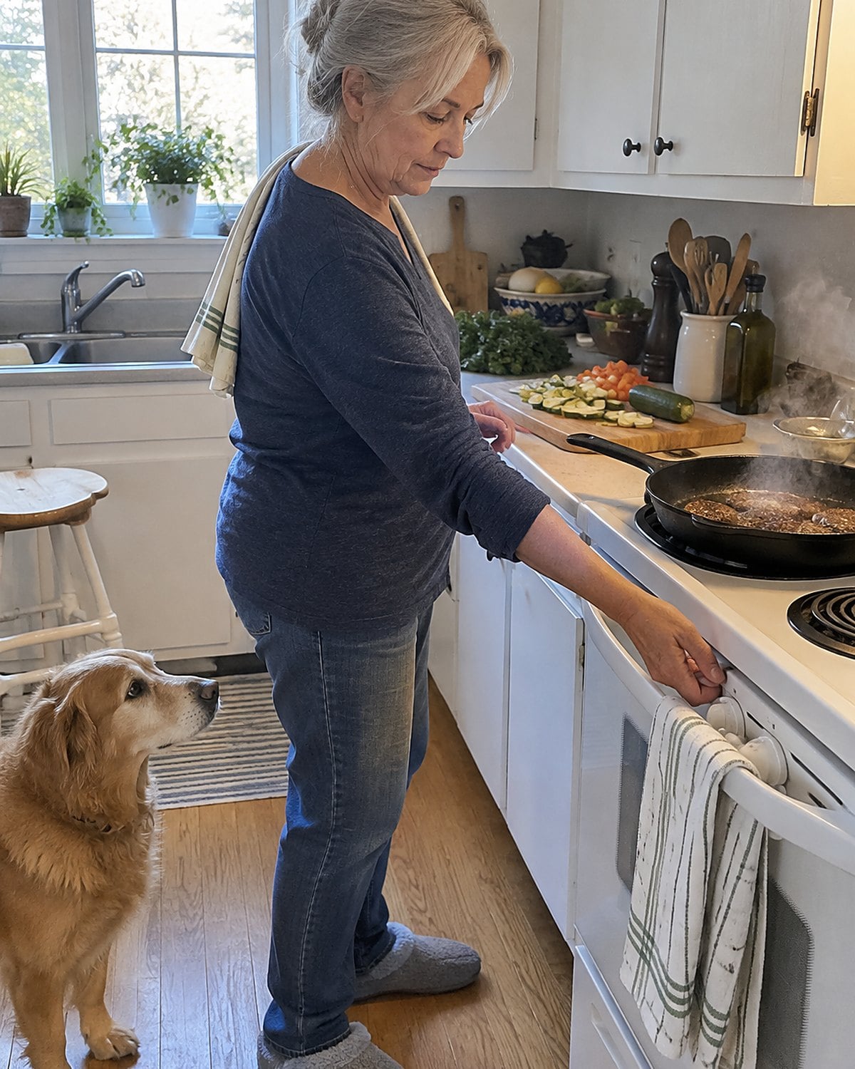 A cast-iron skillet smokes on a white stove while a hand reaches to turn down the burner.