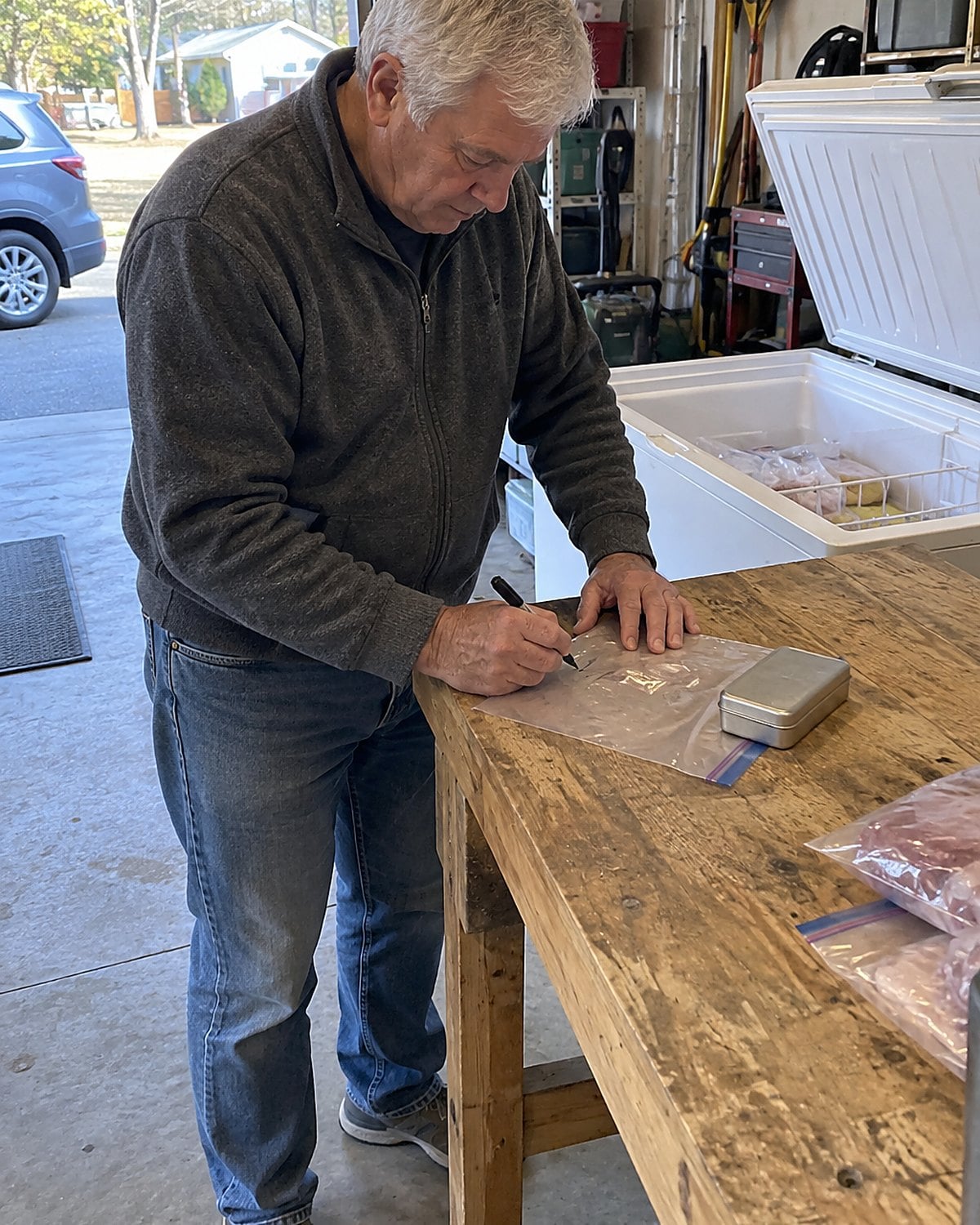A hand writes on a freezer bag laid flat on the garage workbench beside an open chest freezer.