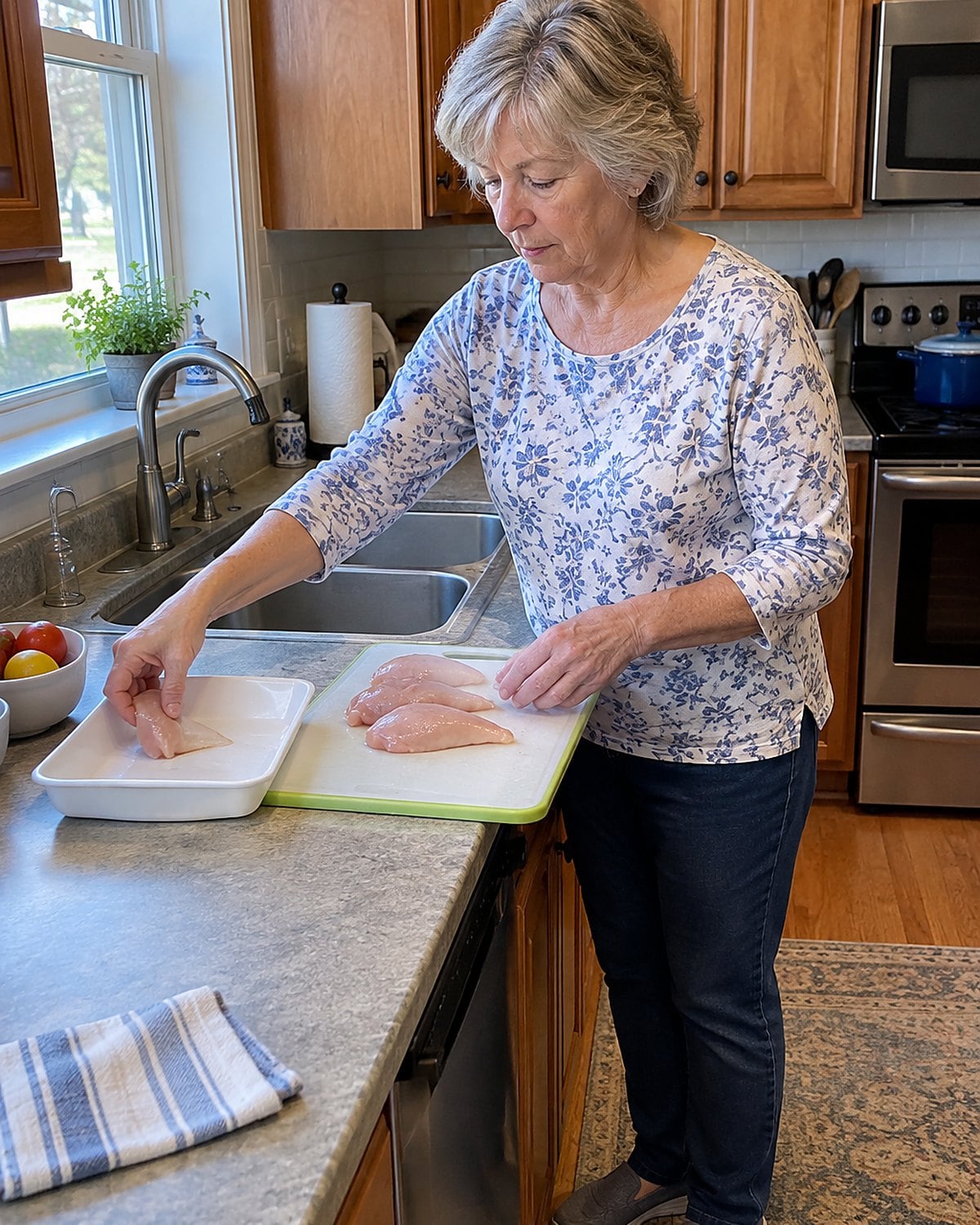 Hands move raw chicken from its package to a cutting board beside a dry kitchen sink.