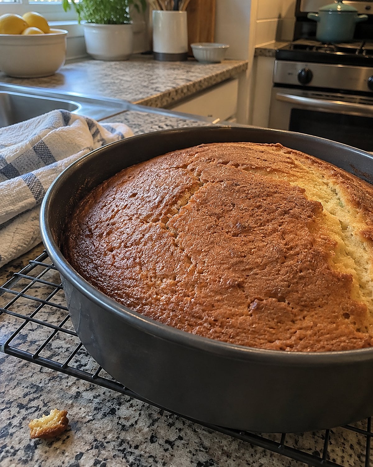 A dark metal cake pan holds an unevenly browned cake on a cooling rack.