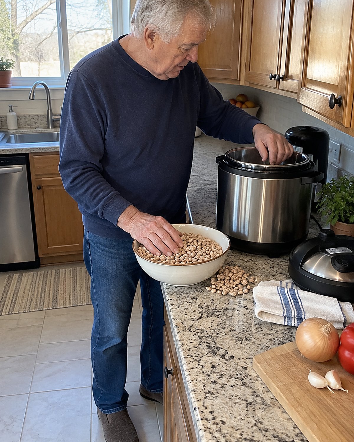 Hands check the fill marking inside an Instant Pot beside a bowl of uncooked beans.