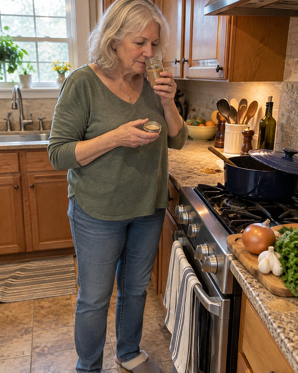An open jar of ground cumin sits beside the stove while a hand checks its scent.