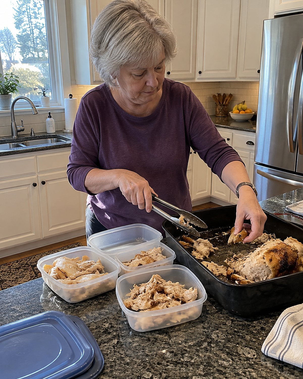Hands move leftover roast chicken from a pan into shallow containers at the counter.