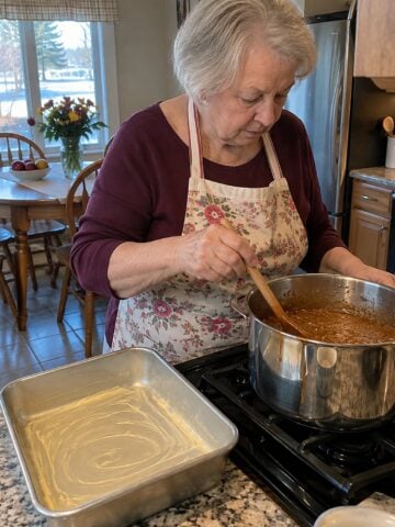 A woman in her seventies stands alone at a stove, stirring a heavy pot of candy syrup with a buttered pan waiting beside it in late afternoon light, caught mid-motion.
