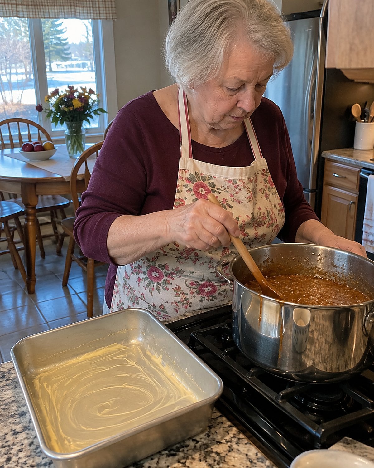 A woman in her seventies stands alone at a stove, stirring a heavy pot of candy syrup with a buttered pan waiting beside it in late afternoon light, caught mid-motion.