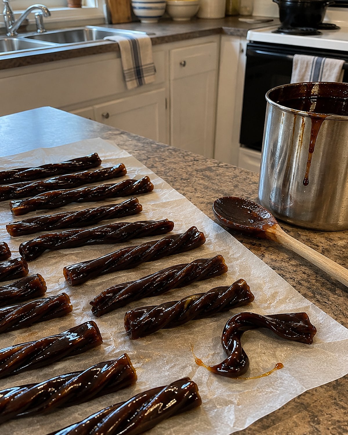 A sticky molasses tin sits beside dark taffy twists on a piece of wax paper.