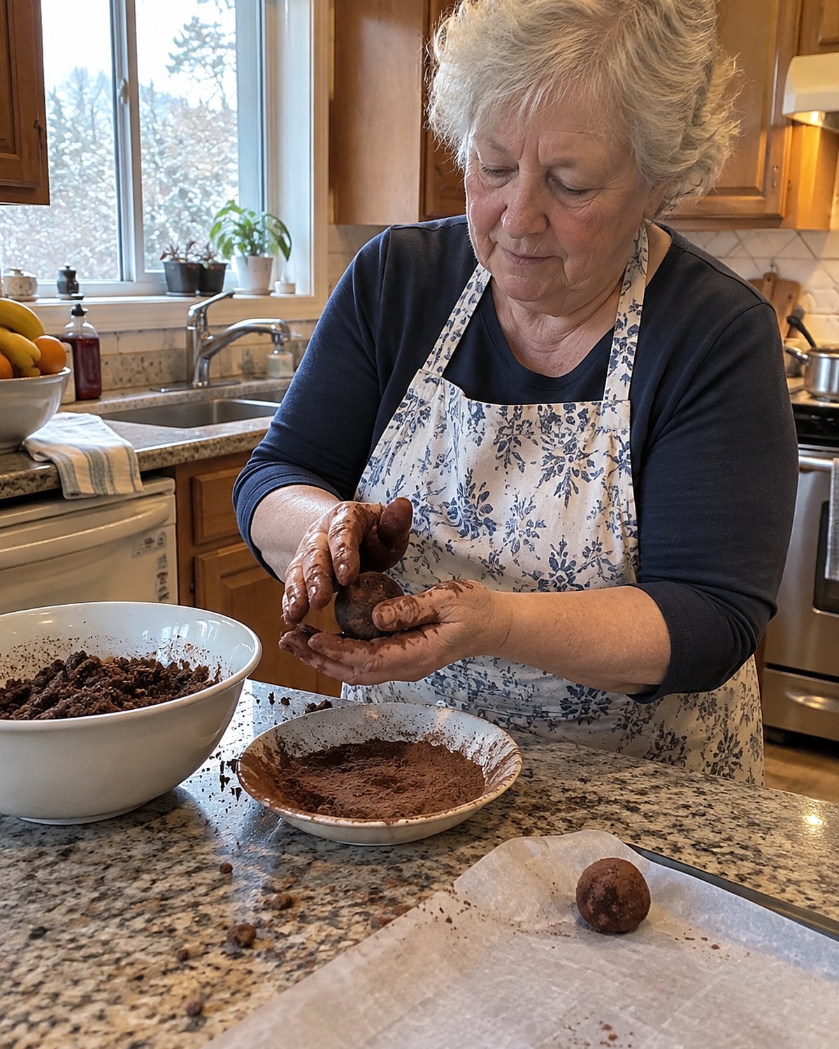 Wafer crumbs and cocoa dust an older woman's hands as she rolls a rum ball at the counter.