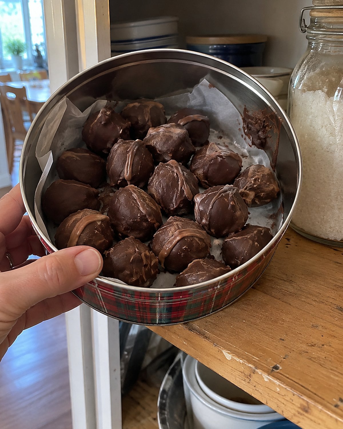 Pale streaks show on homemade dipped chocolates in an open tin on a pantry shelf.