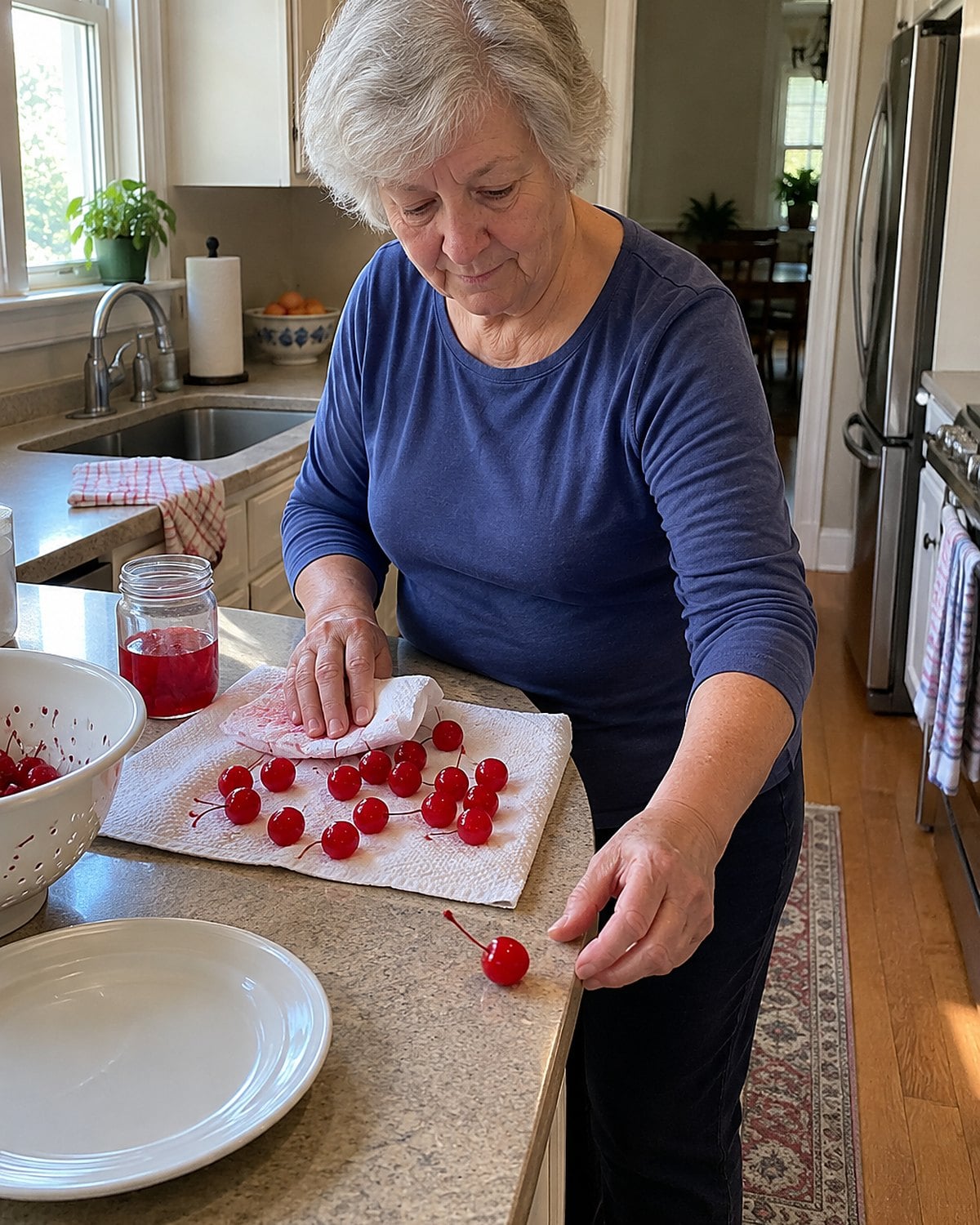 An older woman's hands dry maraschino cherries on a towel beside an open jar.
