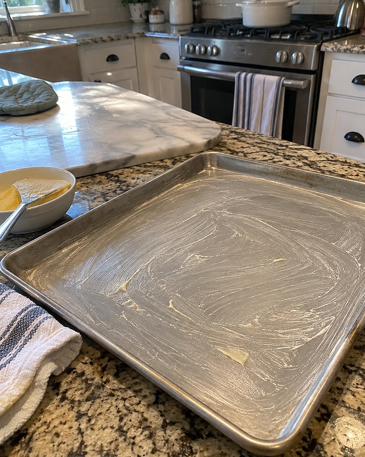 A buttered baking sheet waits on a counter beside a marble slab and a pot holder.