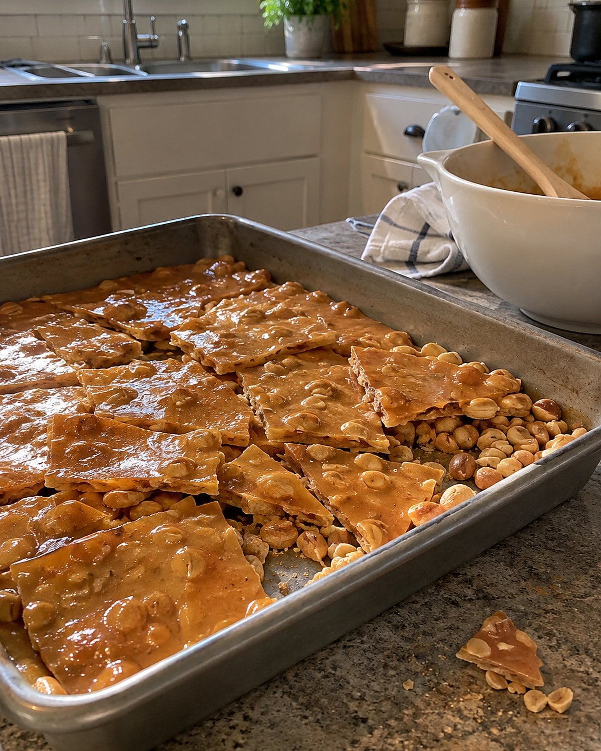 A cracked sheet of peanut brittle rests on a baking pan, with loose peanuts scattered at one edge.