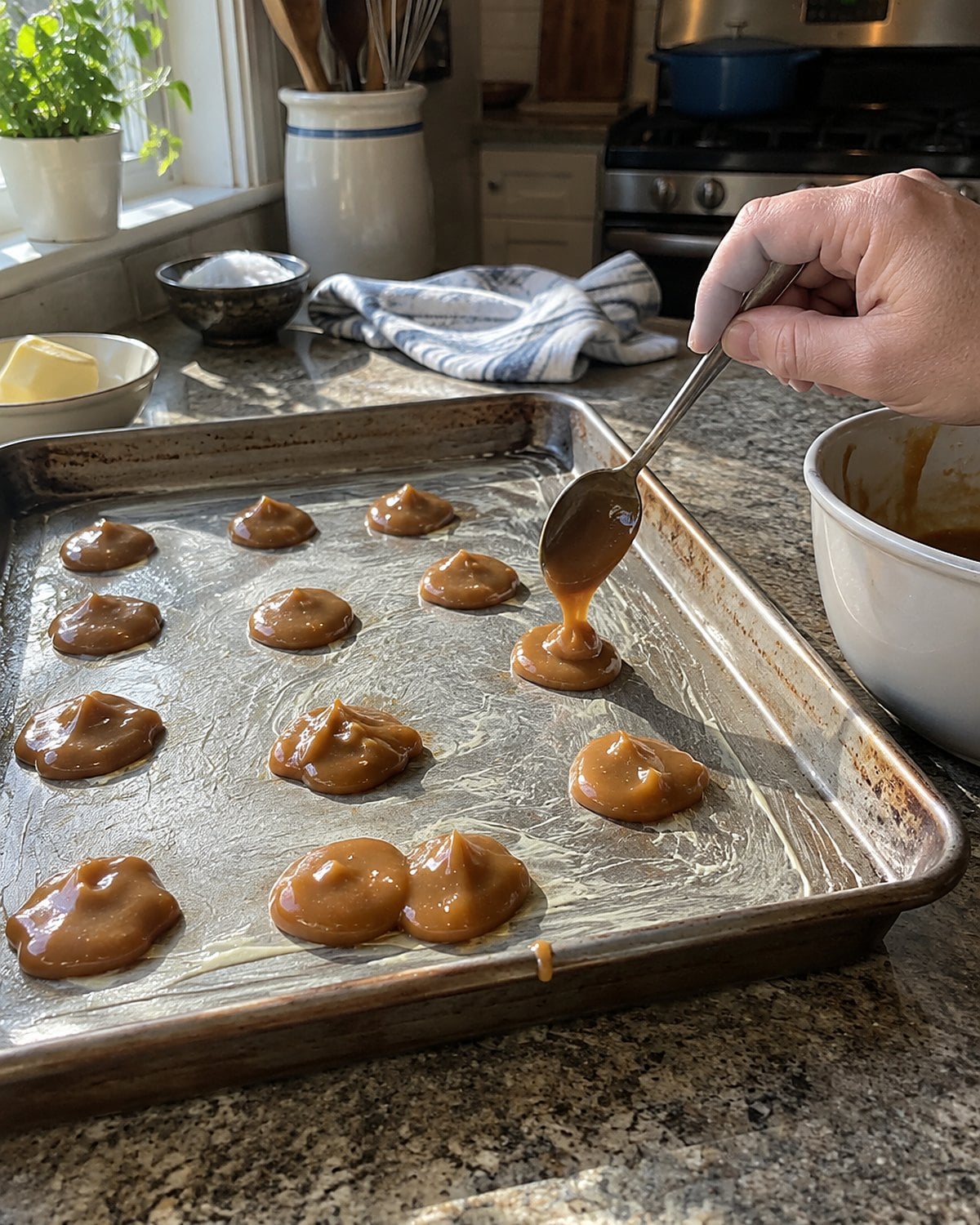 Uneven butterscotch drops cool on a buttered pan beside a sugar-specked spoon.