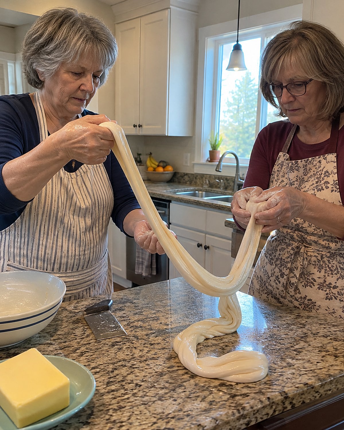 Two pairs of buttered hands pull a loop of pale taffy over a kitchen counter.