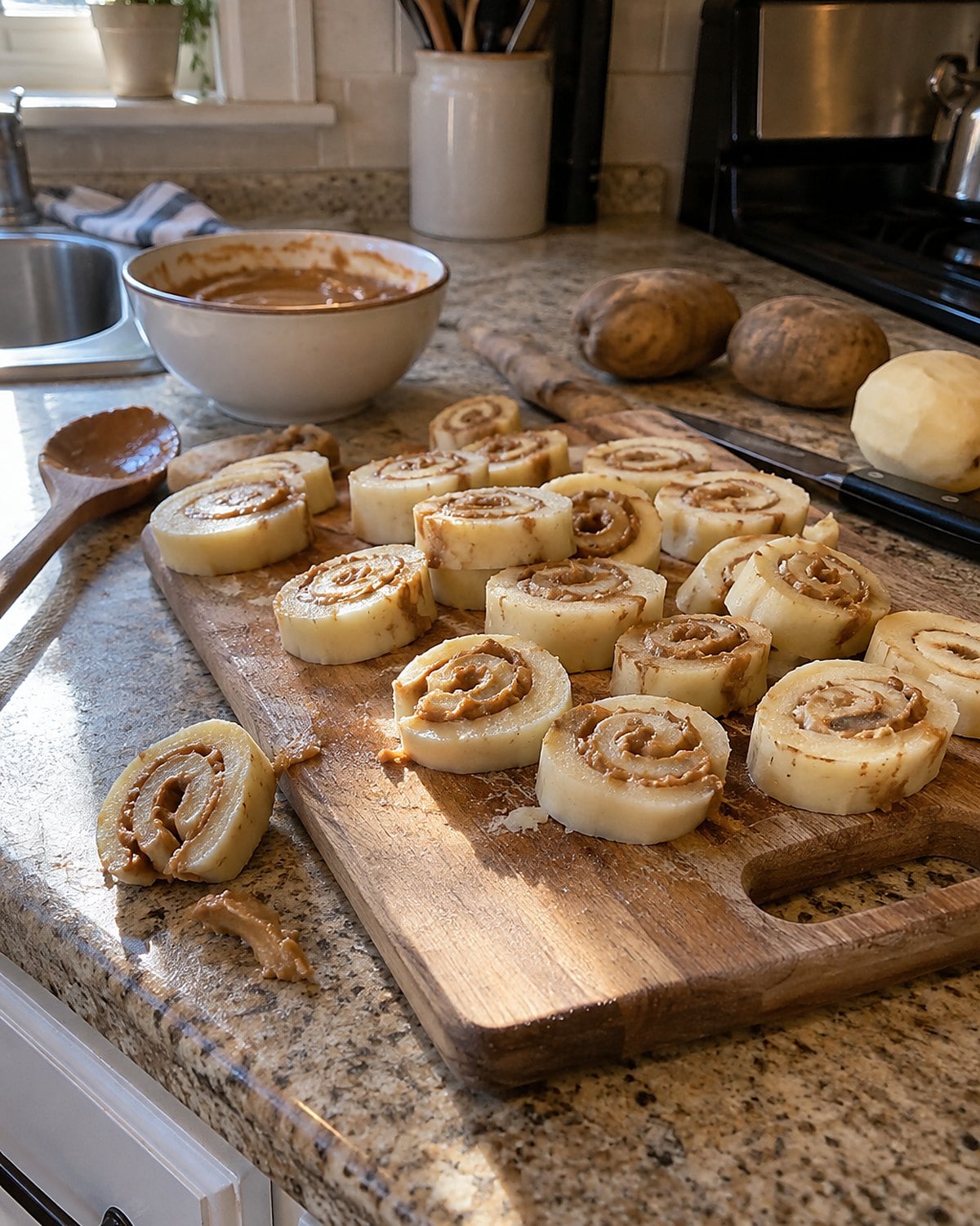 Sliced potato candy spirals sit on a cutting board, with peanut butter visible in the centers.