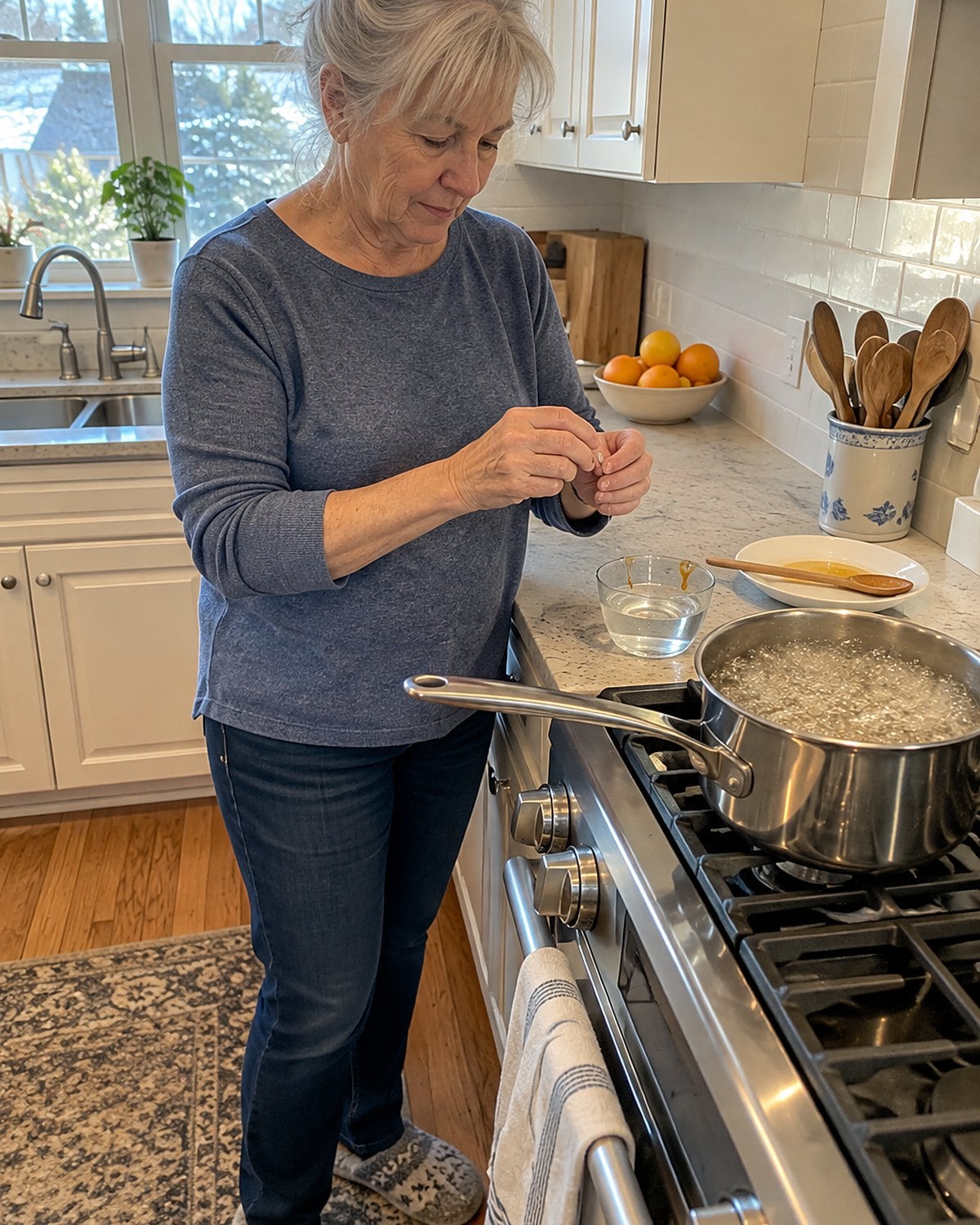 An older woman's hands press a cooled drop of syrup from a cup of water beside the stove.