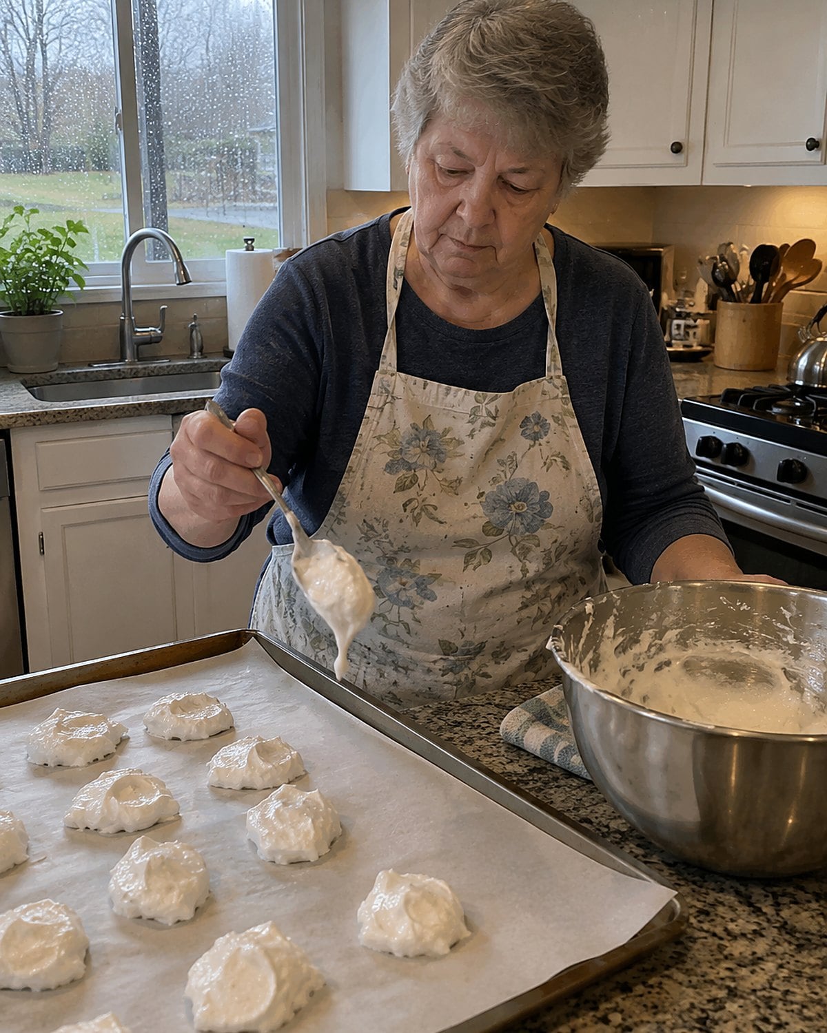An older woman tests a mound of divinity over wax paper while rain marks the window behind her.