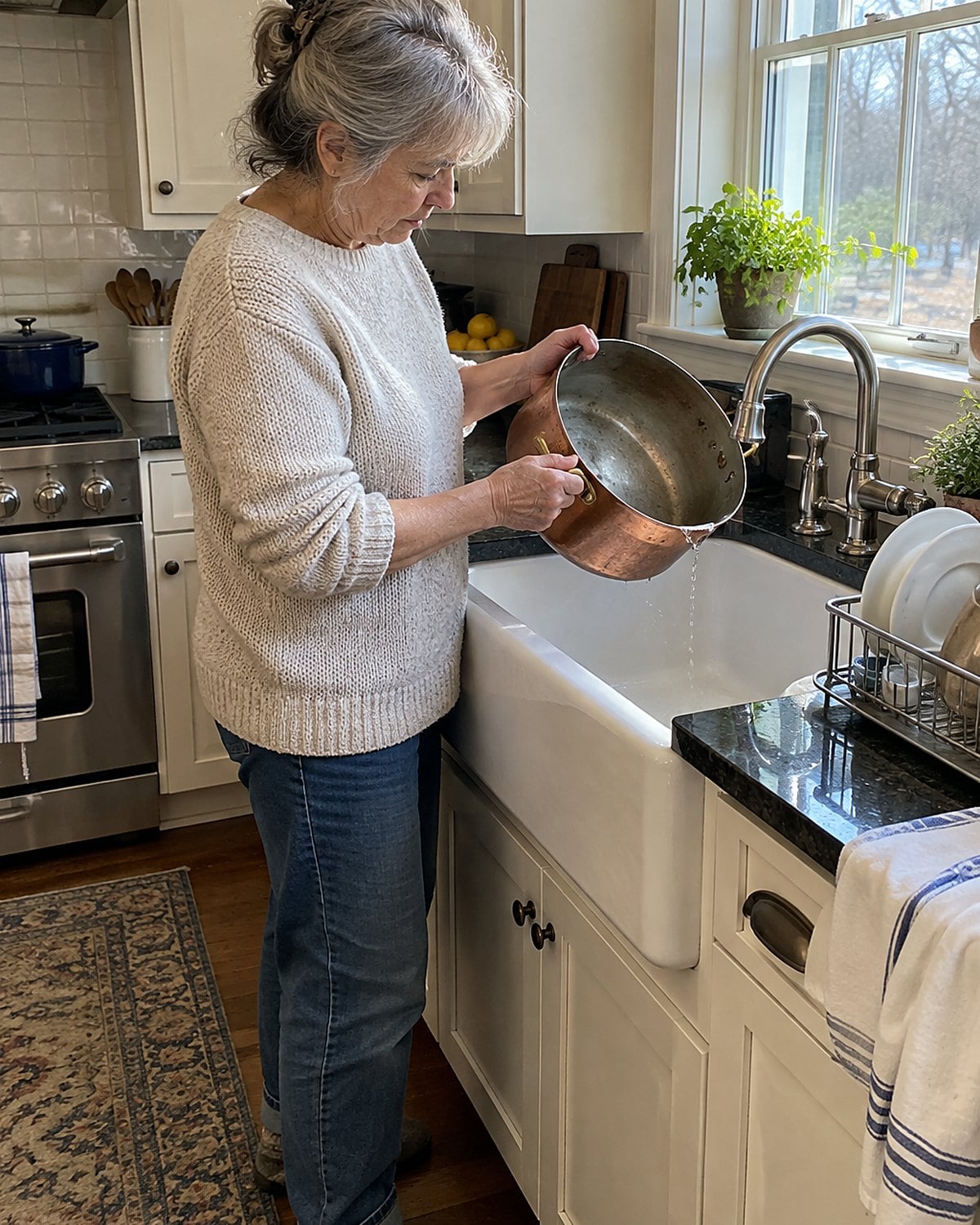 An older woman's hands turn an inherited copper pot to inspect its lining at the sink.