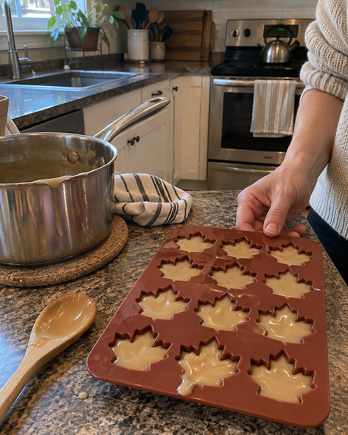 A small maple leaf mold holds pale maple sugar candy beside a sticky saucepan.