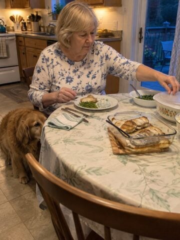 At a card table at a bake sale just before dinner, a woman reaches for a covered dish while a dog noses around underfoot, with nobody facing the camera.
