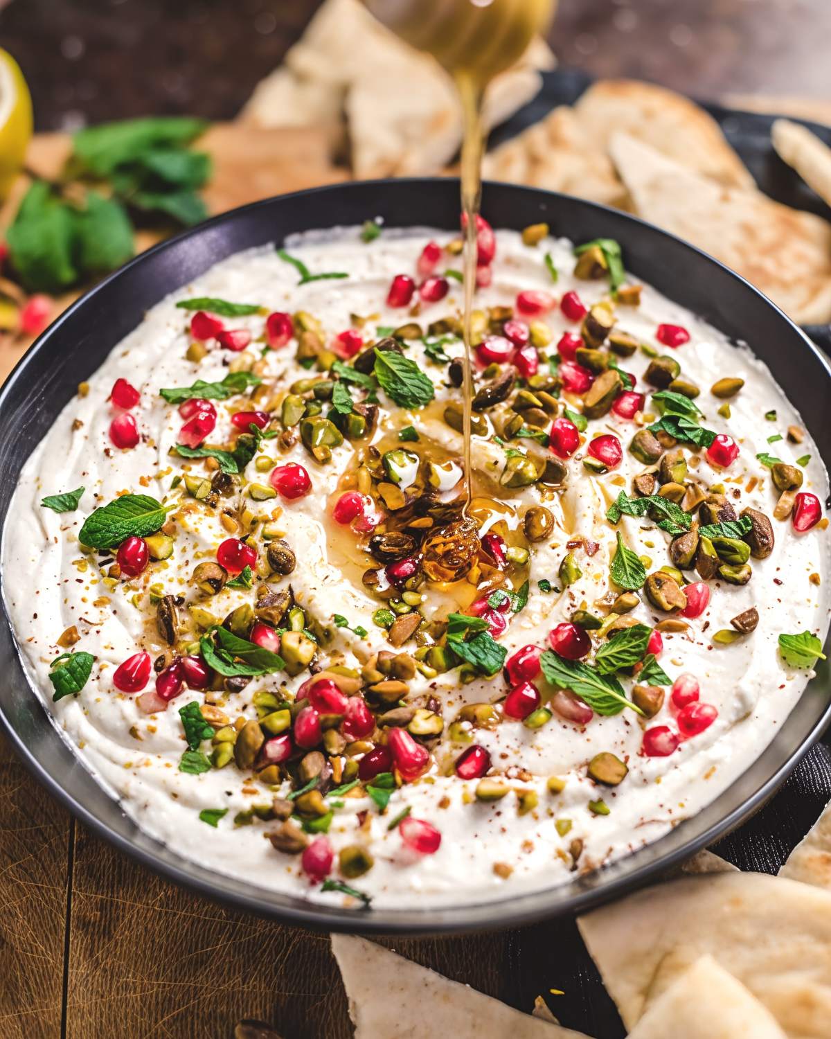 Creamy honey-whipped feta dip in a bowl topped with pomegranate seeds, chopped pistachios, fresh mint, and a honey drizzle, ideal for Thanksgiving side dishes for a crowd.