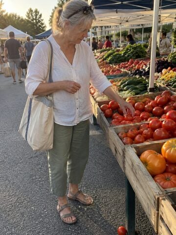 A woman in her sixties stands alone at a farmers-market stall just before dinner, reaching for a tomato while holding a canvas bag.