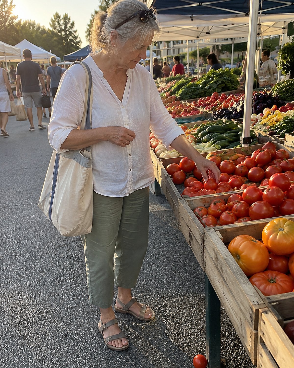 A woman in her sixties stands alone at a farmers-market stall just before dinner, reaching for a tomato while holding a canvas bag.