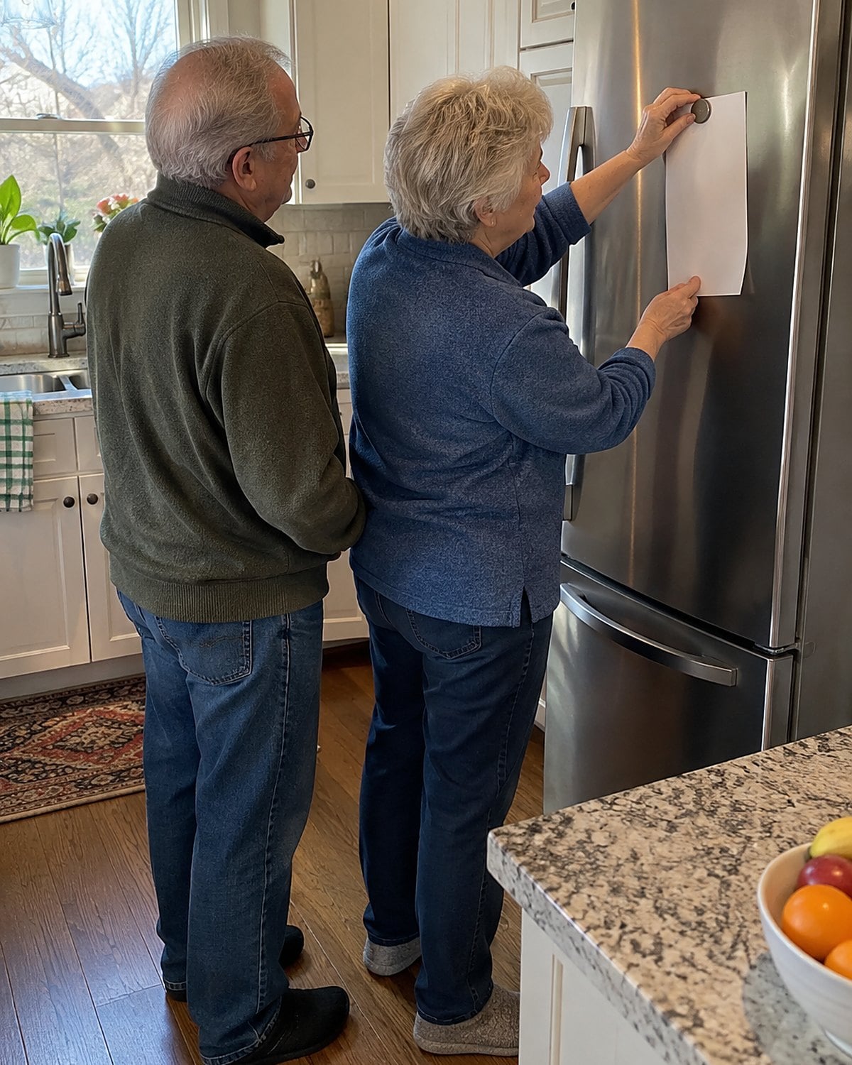 Two older hands hold a plain sheet of paper against a fridge door with a magnet.
