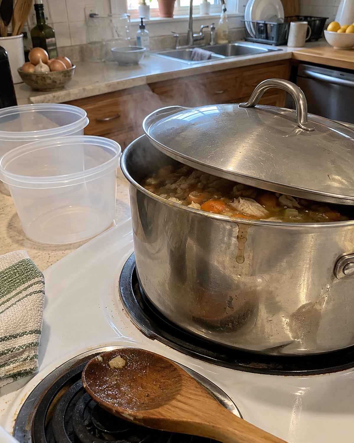 A dented soup pot sits on a white stove beside two containers ready for leftovers.