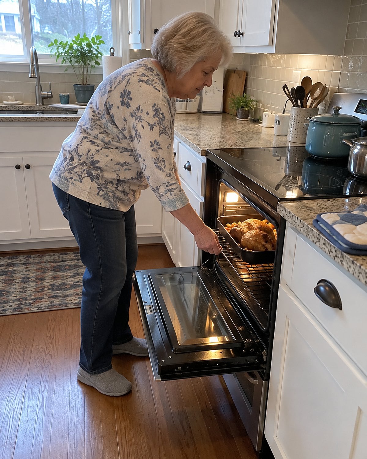 An older womanโs hand adjusts an oven rack beneath a roasting pan.