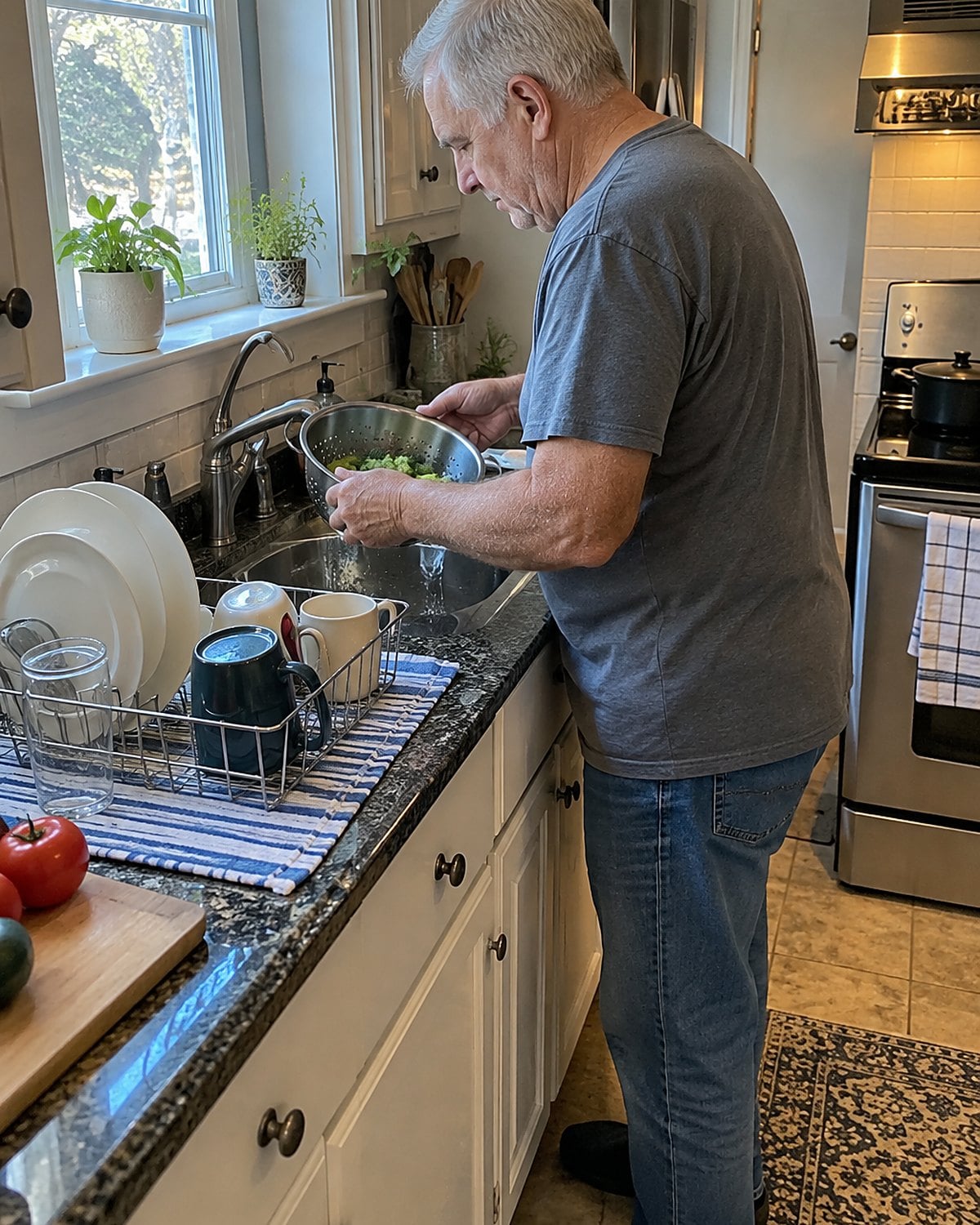 An older man holds a colander at a crowded sink while clean dishes fill the drying area.