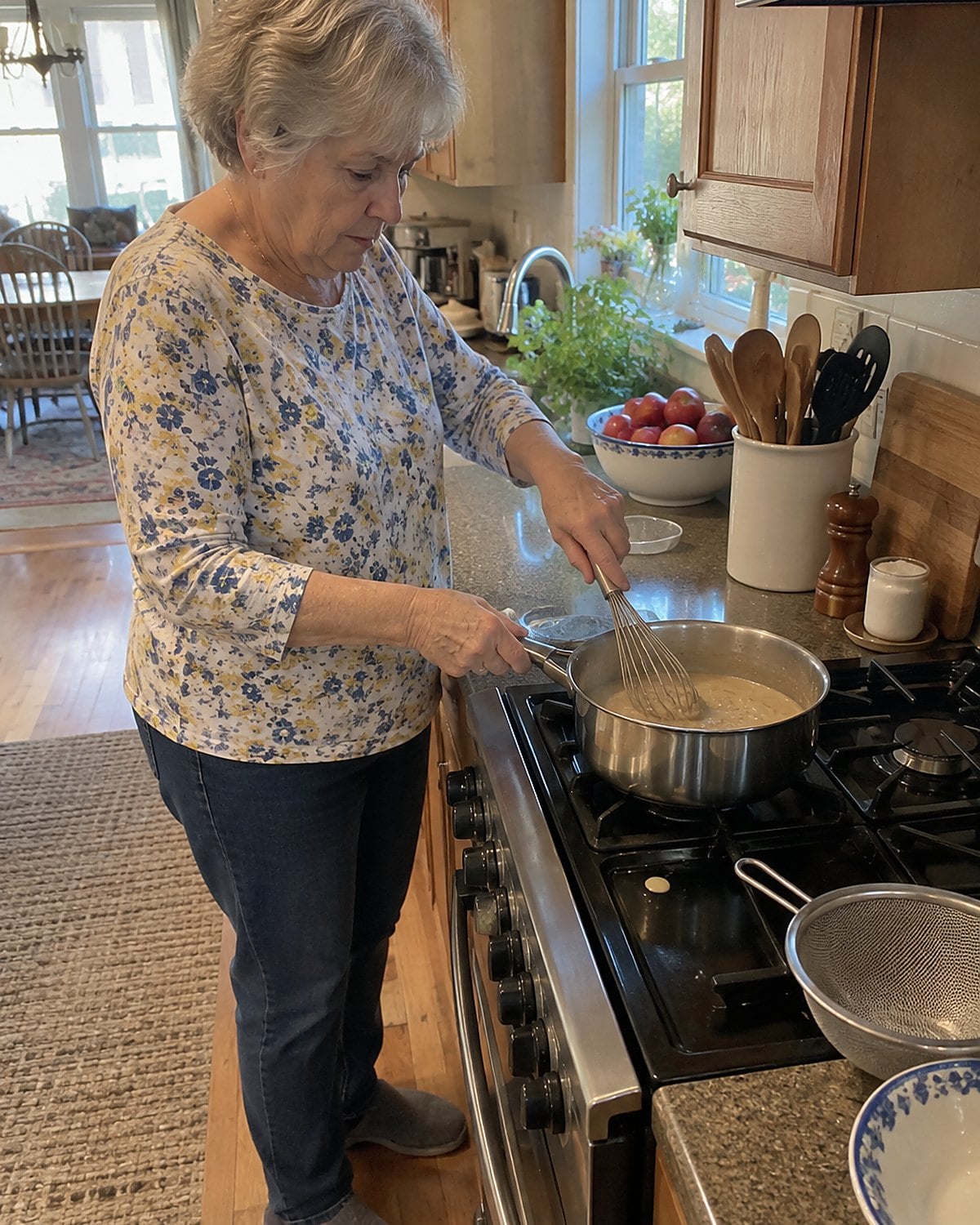 Older hands whisk lumpy gravy in a saucepan beside a fine-mesh strainer.
