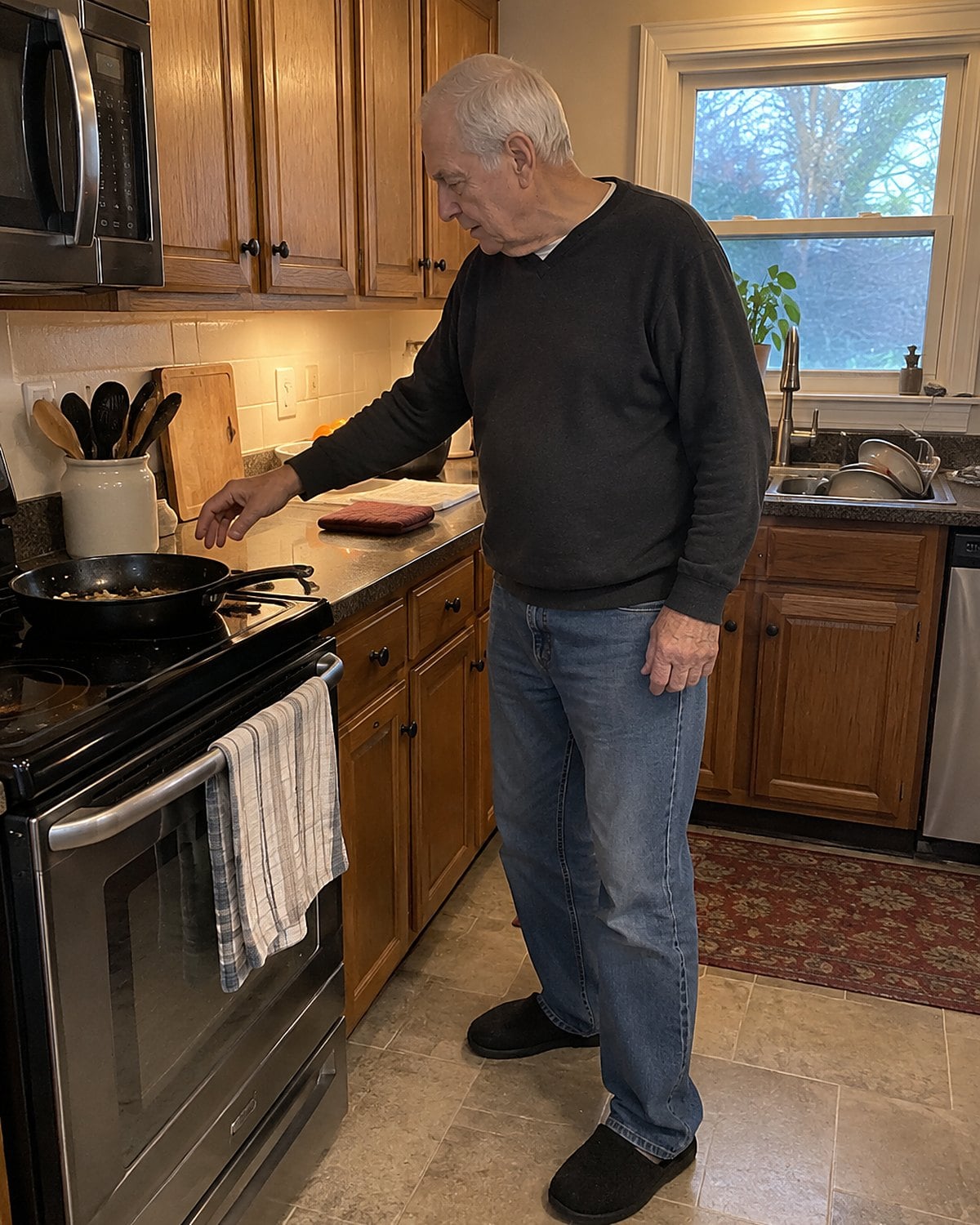 An older man reaches for a skillet left on the stove after dinner.