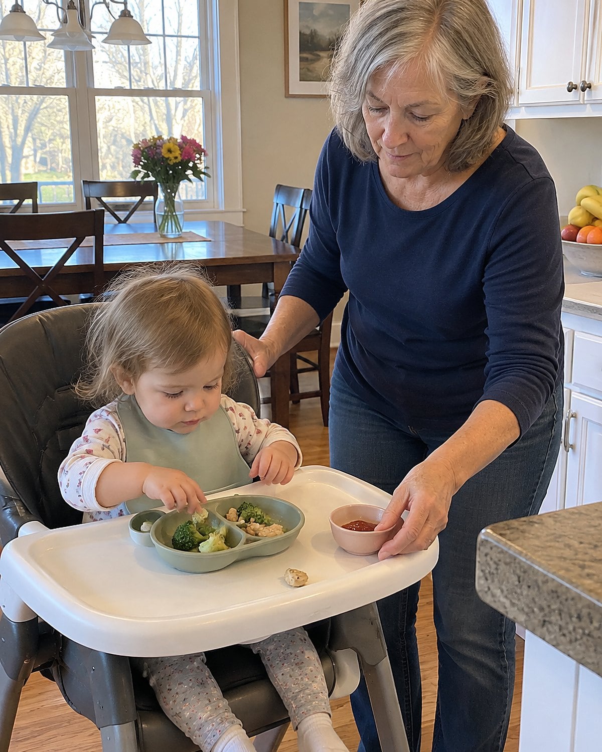 A grandchild in a high chair reaches toward a small portion of lunch with sauce served on the side.