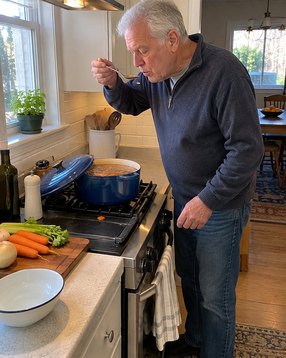 An older man tastes soup from a spoon over a stovetop pot while a salt shaker sits nearby.