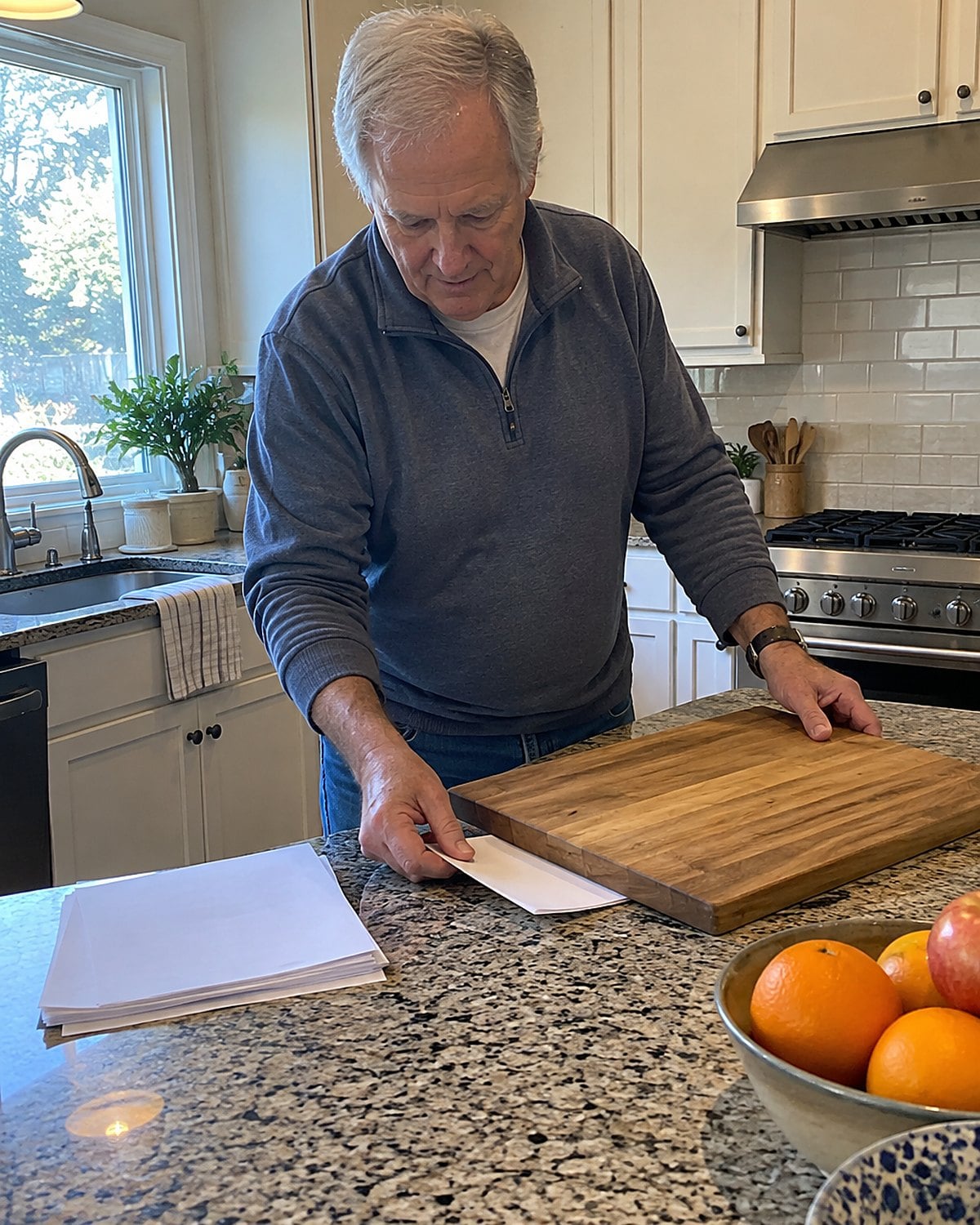 An older man clears mail from a kitchen counter before setting down a cutting board.
