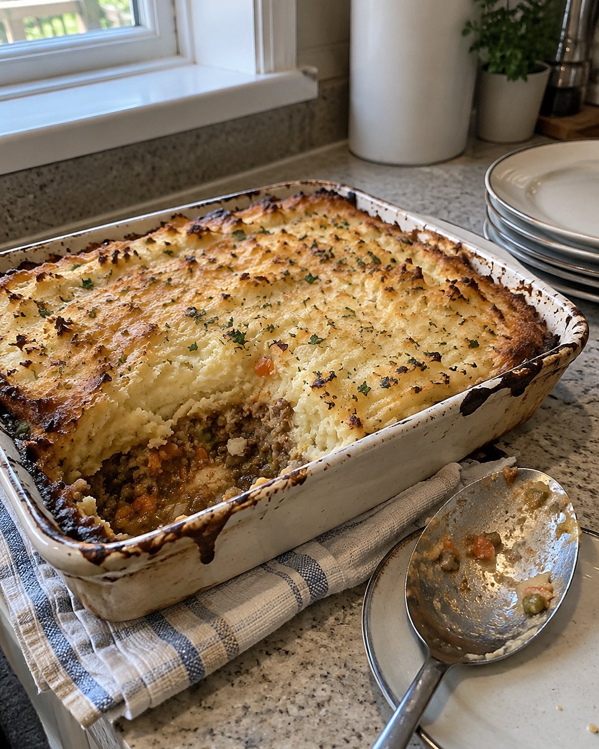 A casserole in a worn baking dish has browned corners and a serving spoon resting beside it.